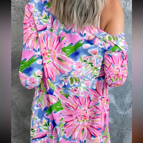 Floral Print Button Up Long Sleeve Round Neck Slight Stretch Cardigan - Picture 2 of 3